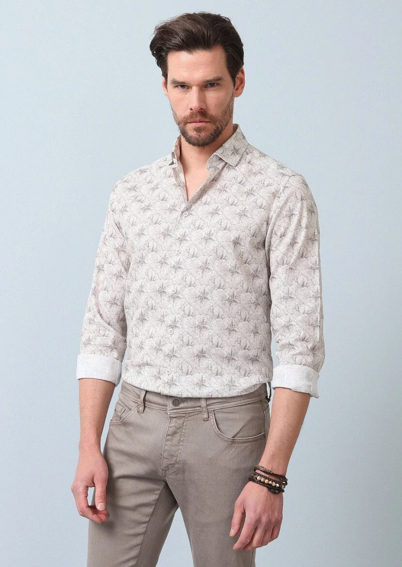 Bej Baskılı Regular Fit Dokuma Casual %100 Pamuk Gömlek 