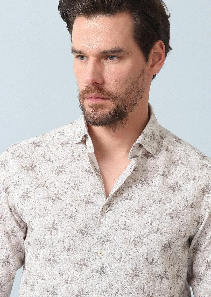 Bej Baskılı Regular Fit Dokuma Casual %100 Pamuk Gömlek - 4