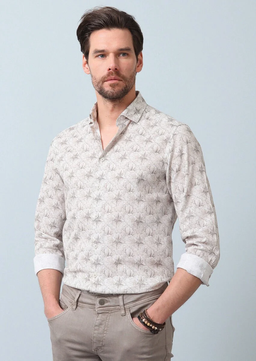 Bej Baskılı Regular Fit Dokuma Casual %100 Pamuk Gömlek - 5