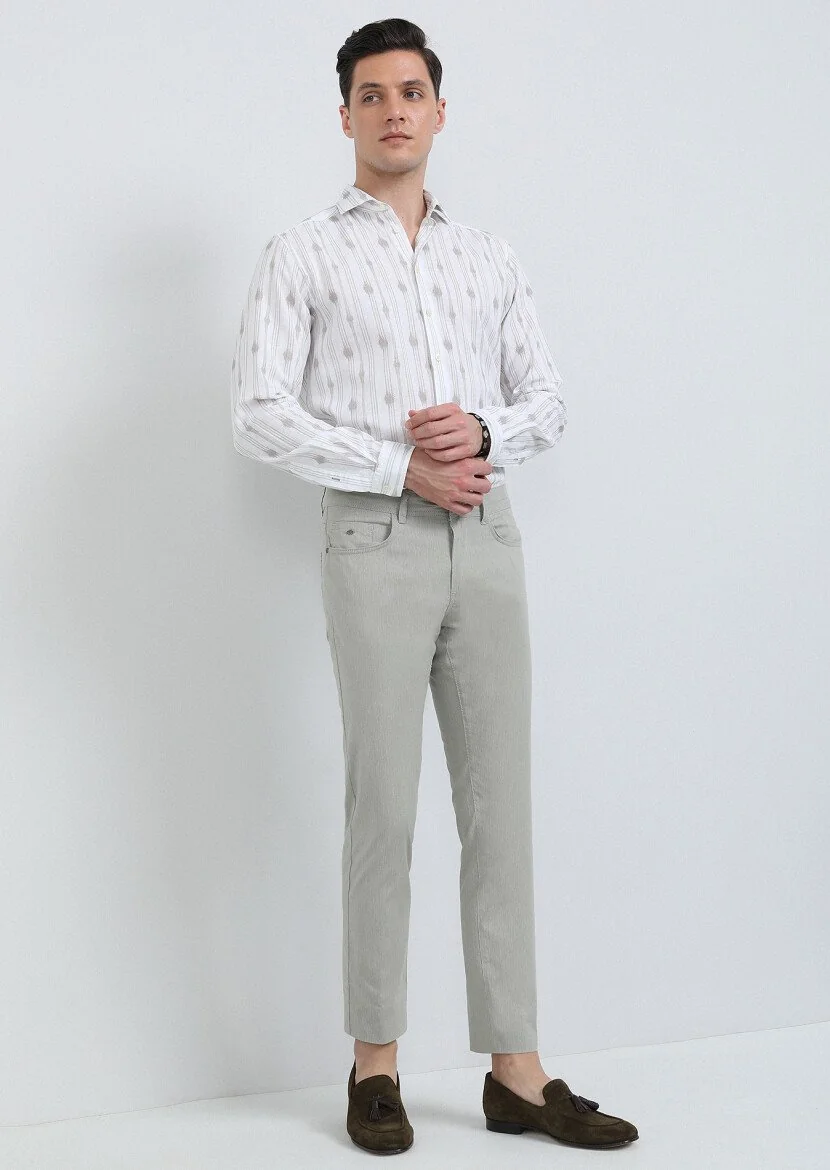 Bej Baskılı Regular Fit Dokuma Casual Pamuk Karışımlı Gömlek - 1