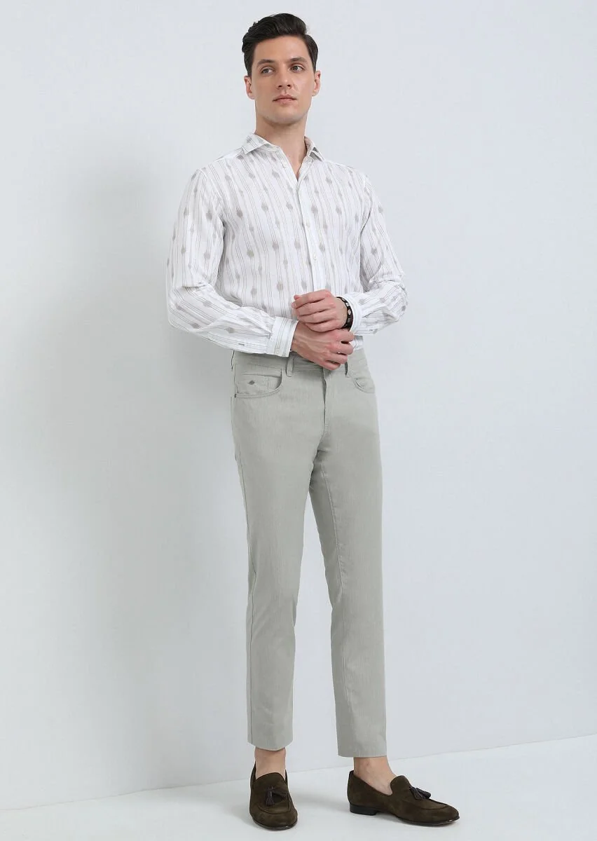 Bej Baskılı Regular Fit Dokuma Casual Pamuk Karışımlı Gömlek - 1