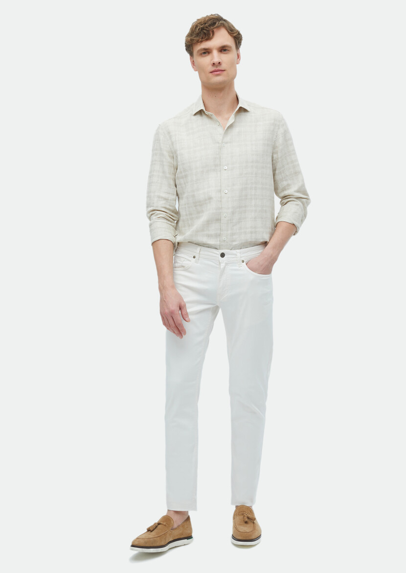 Bej Baskılı Regular Fit Uzun Dokuma Casual %100 Keten Gömlek 