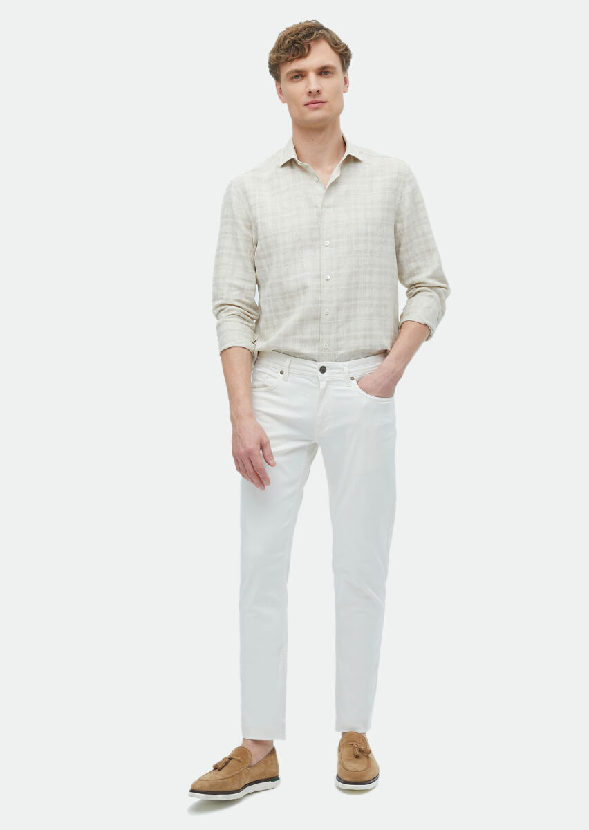 Bej Baskılı Regular Fit Uzun Dokuma Casual %100 Keten Gömlek - 2