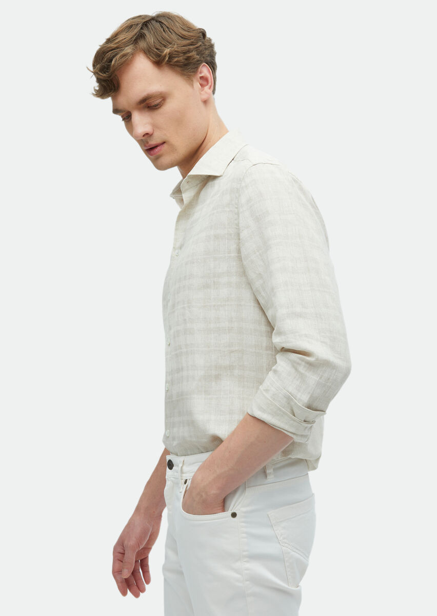 Bej Baskılı Regular Fit Uzun Dokuma Casual %100 Keten Gömlek - 5