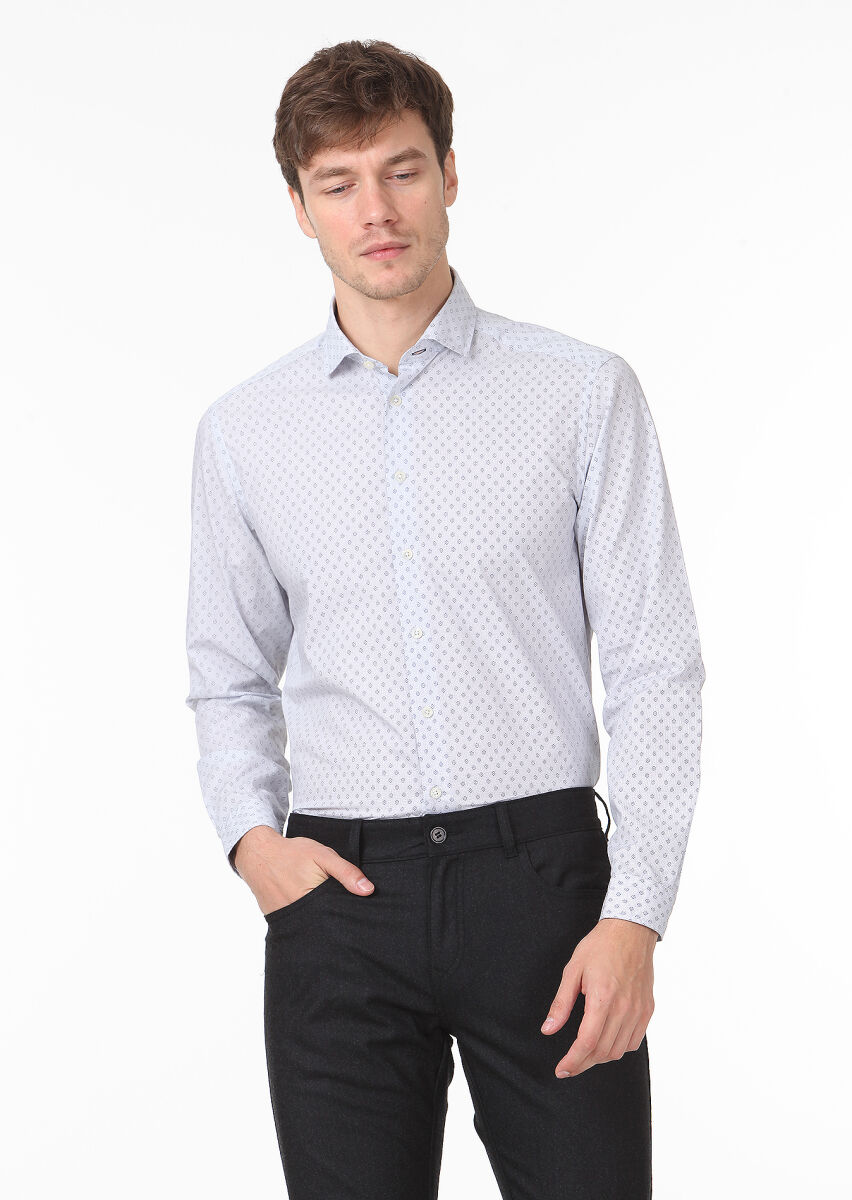 Bej Baskılı Regular Fit Uzun Dokuma Casual %100 Pamuk Gömlek - 1