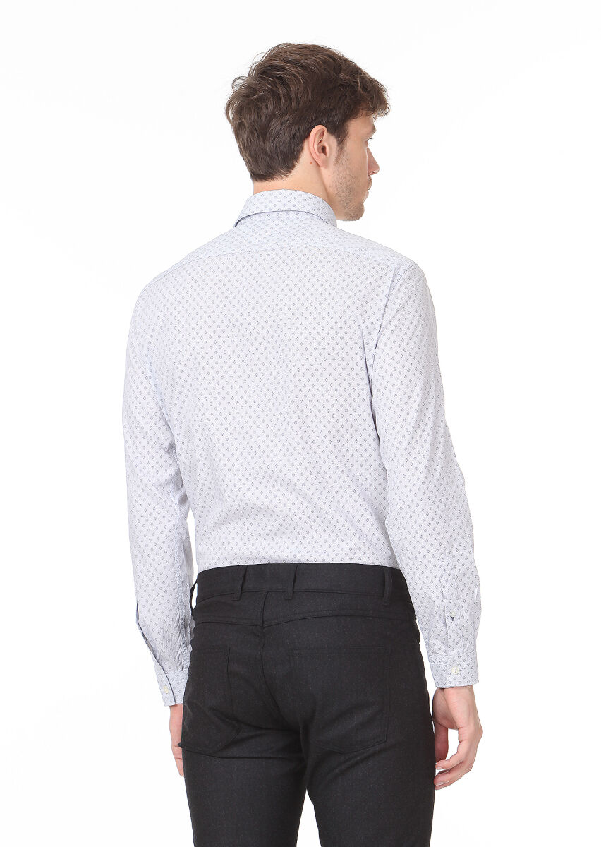 Bej Baskılı Regular Fit Uzun Dokuma Casual %100 Pamuk Gömlek - 4