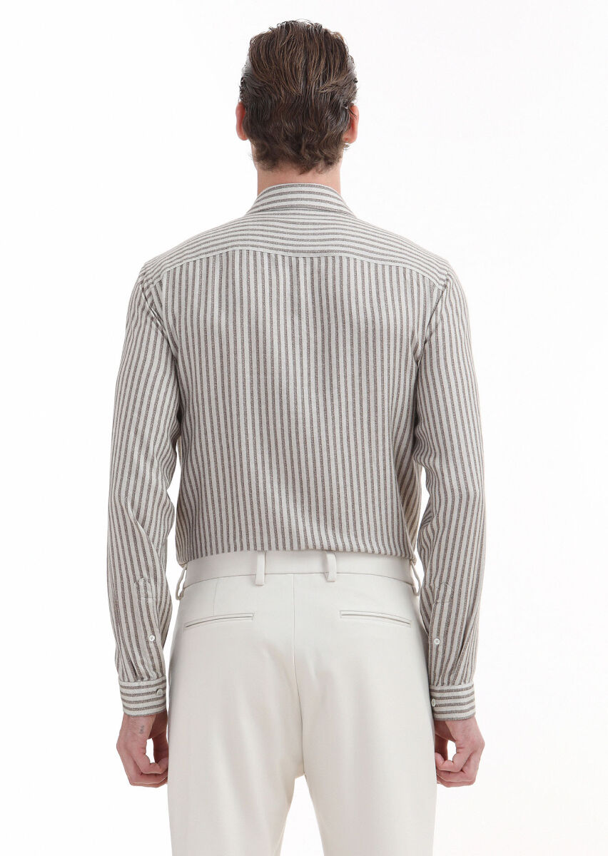 Bej Baskılı Regular Fit Uzun Dokuma Casual Gömlek - 5