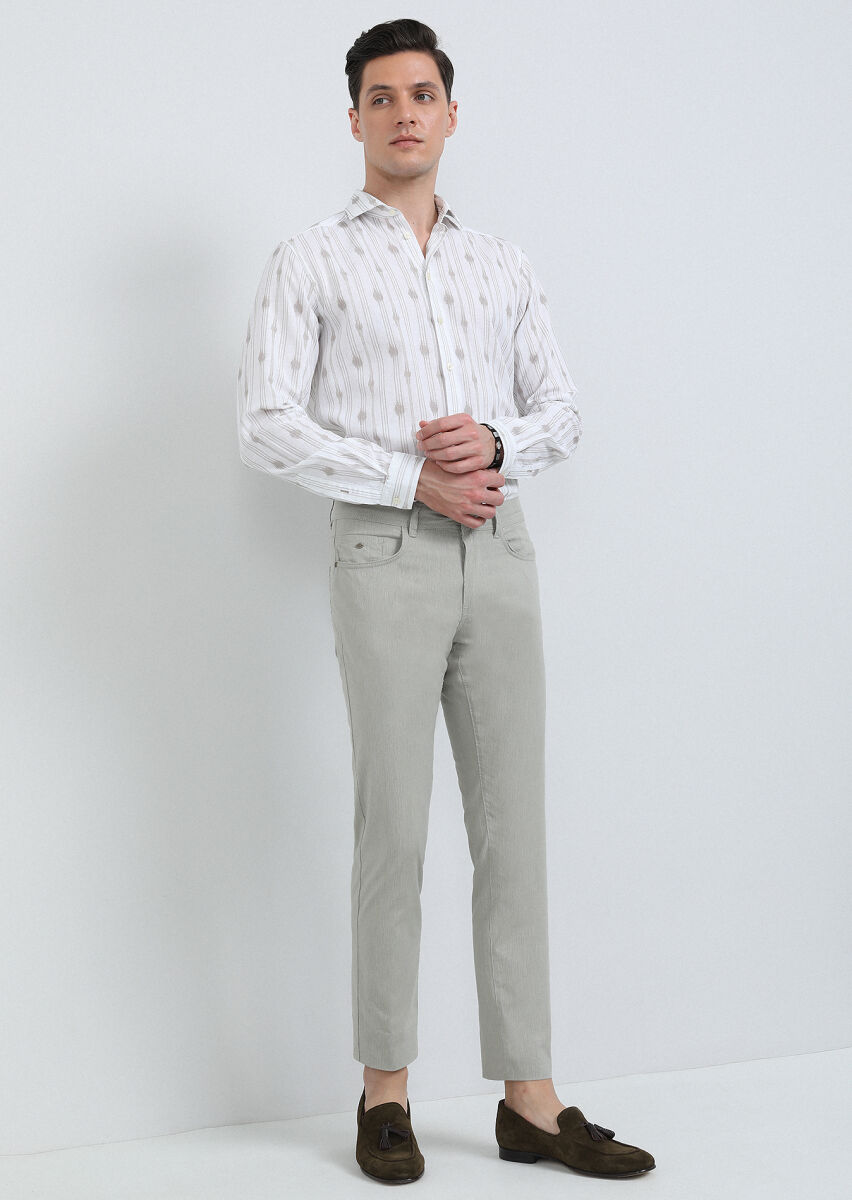 Bej Baskılı Regular Fit Uzun Dokuma Casual Pamuk Karışımlı Gömlek - 1