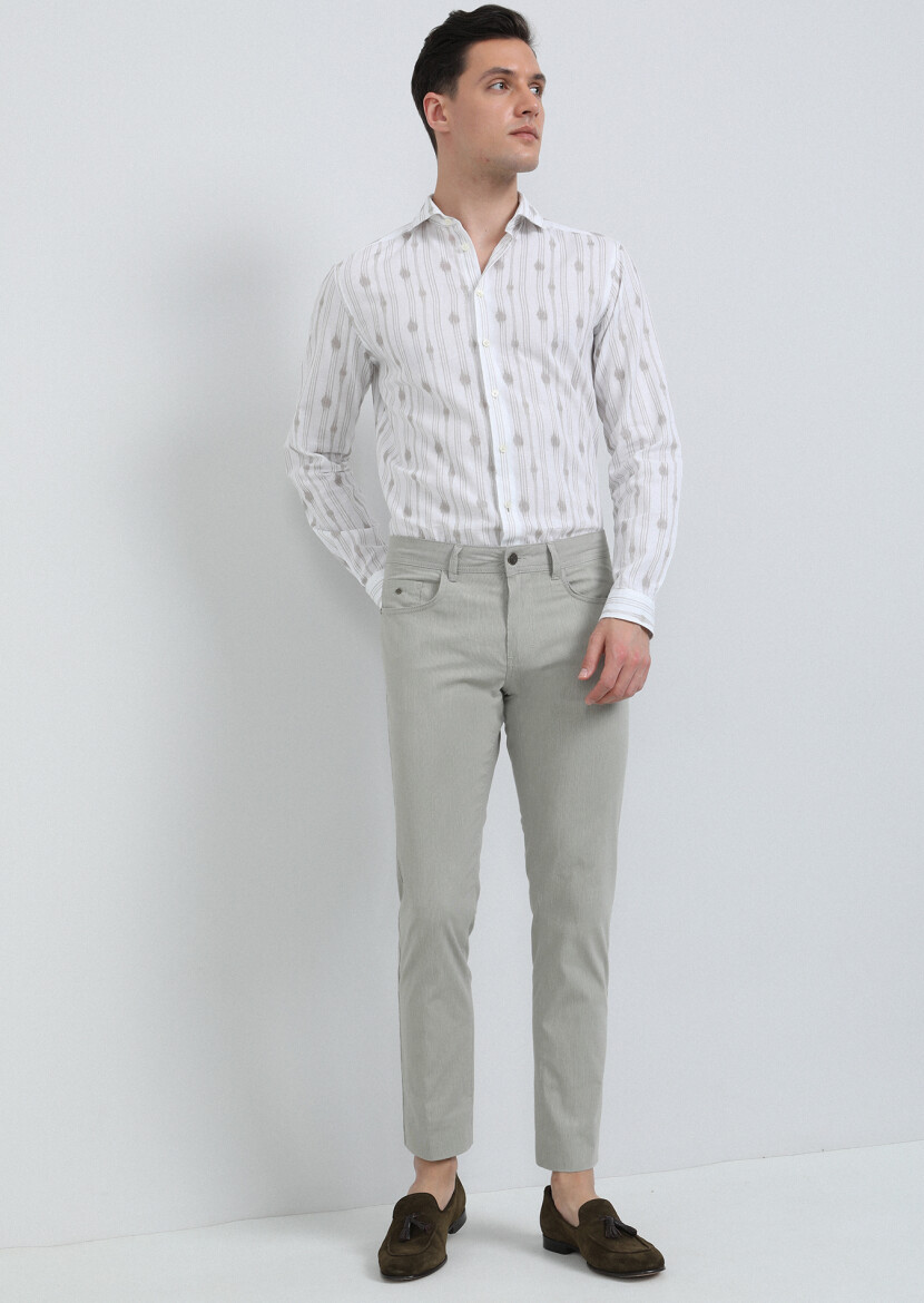 Bej Baskılı Regular Fit Uzun Dokuma Casual Pamuk Karışımlı Gömlek - 4