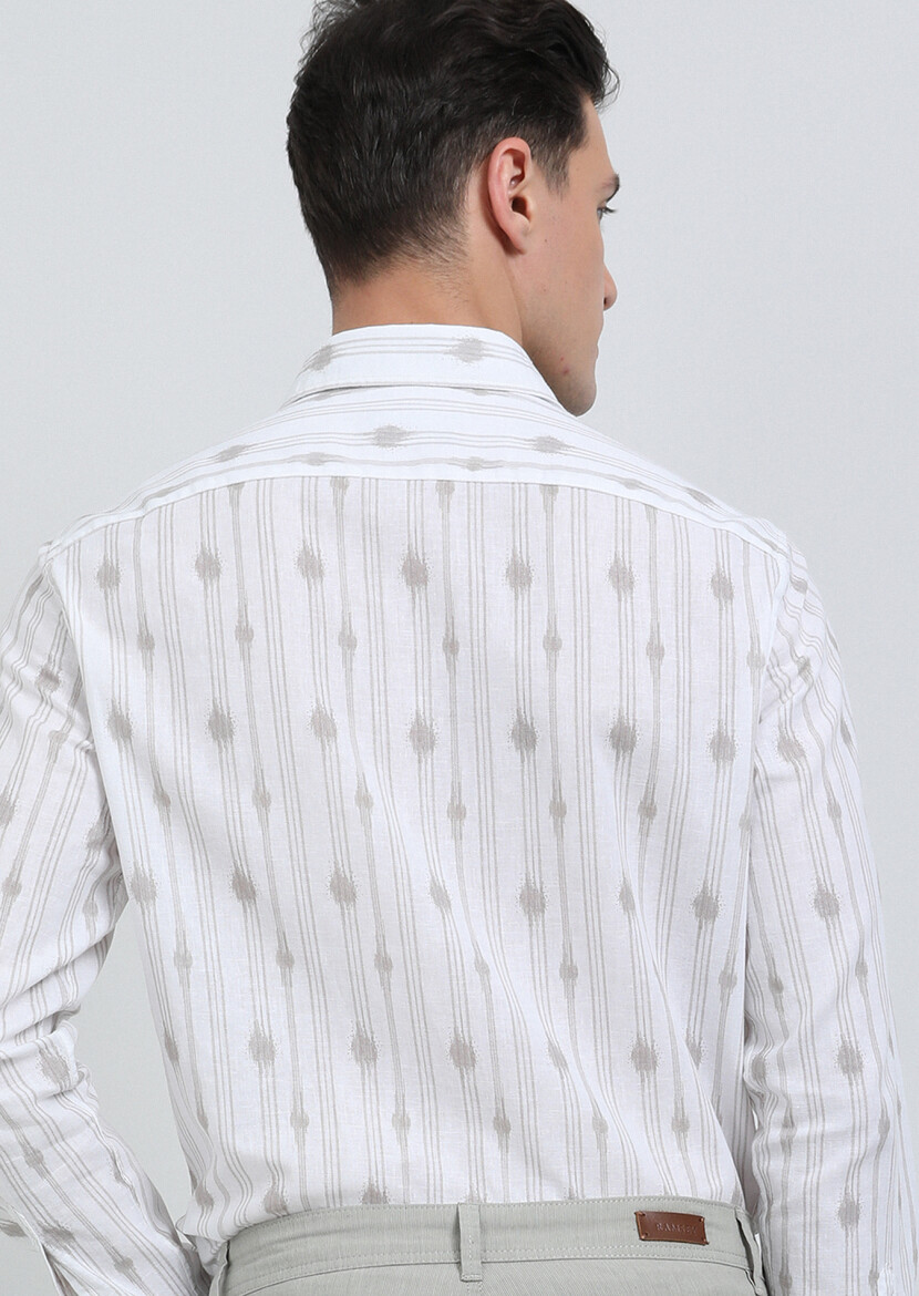 Bej Baskılı Regular Fit Uzun Dokuma Casual Pamuk Karışımlı Gömlek - 5