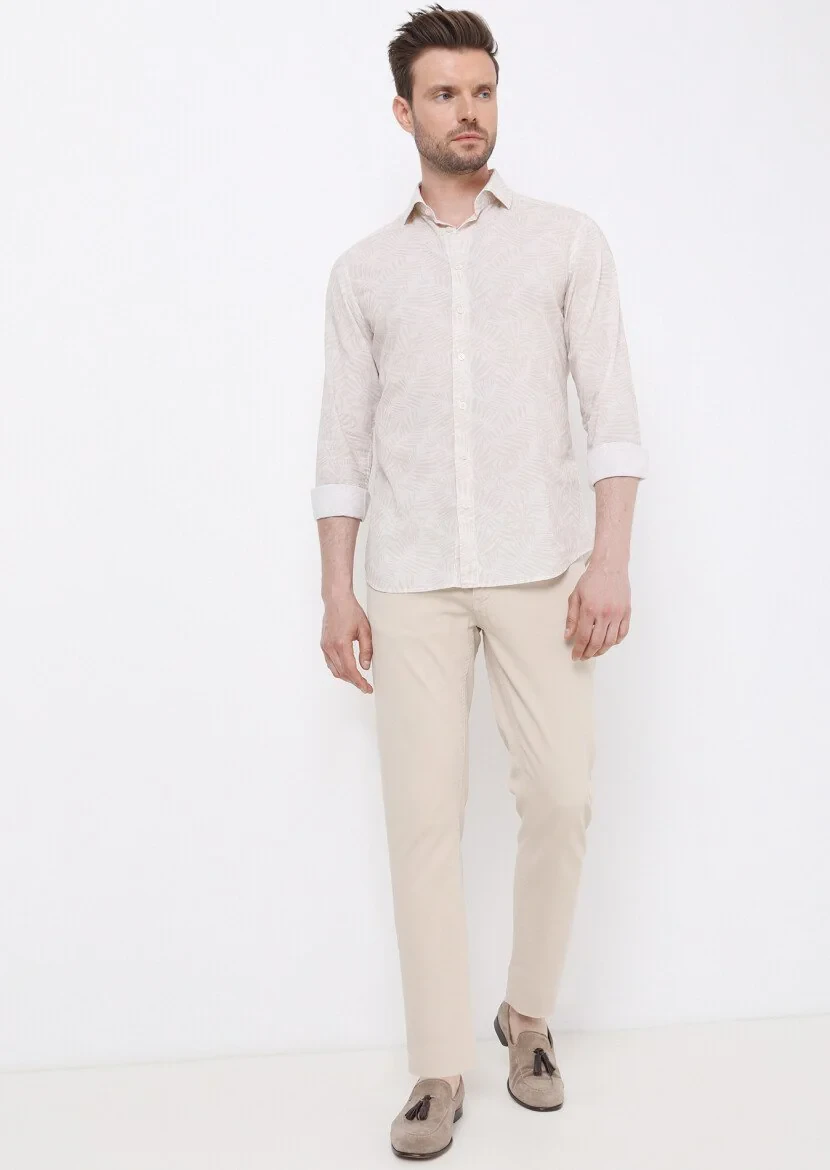 Bej Baskılı Slim Fit Dokuma Casual %100 Pamuk Gömlek - 4