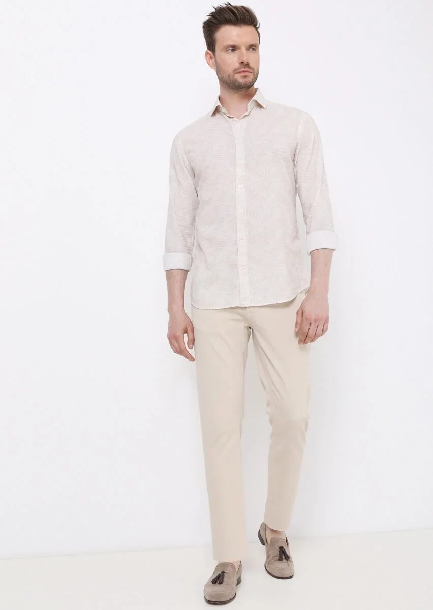 Bej Baskılı Slim Fit Dokuma Casual %100 Pamuk Gömlek - 4