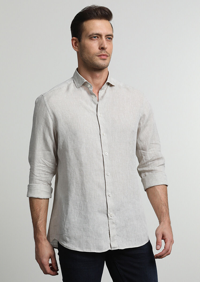 Bej Baskılı Slim Fit Uzun Dokuma Casual %100 Keten Gömlek - 1
