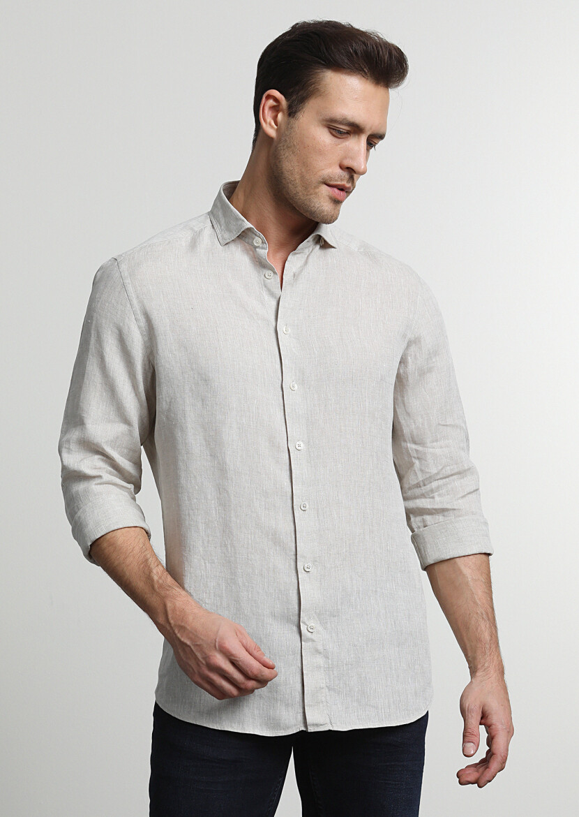 Bej Baskılı Slim Fit Uzun Dokuma Casual %100 Keten Gömlek - 2