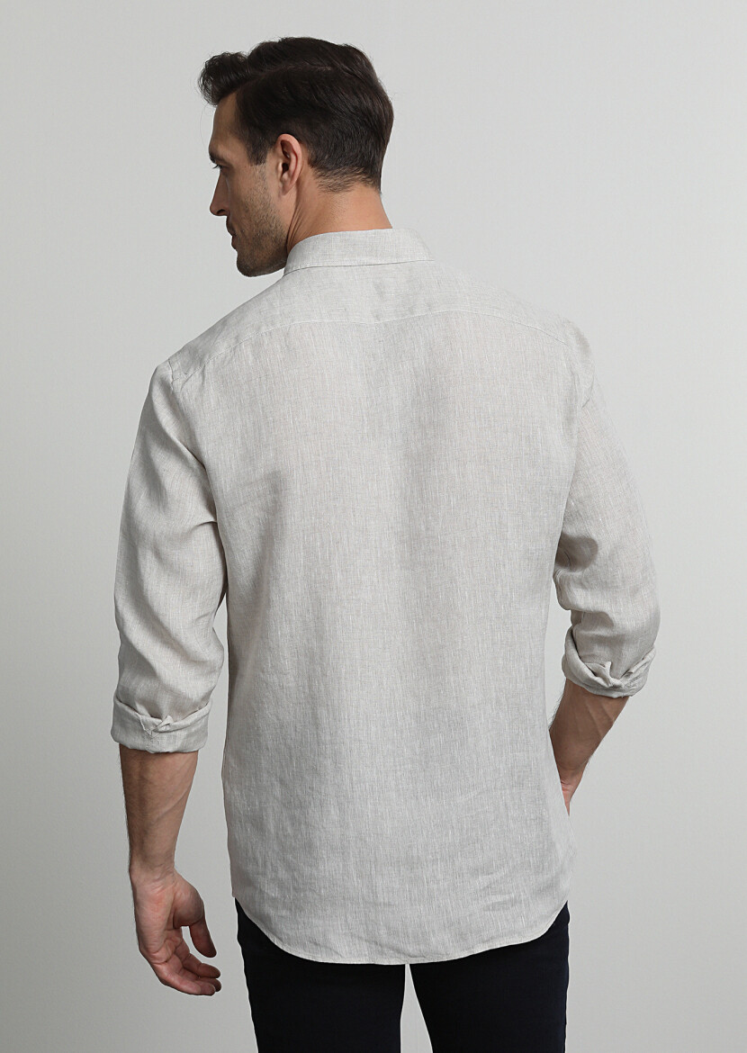 Bej Baskılı Slim Fit Uzun Dokuma Casual %100 Keten Gömlek - 3