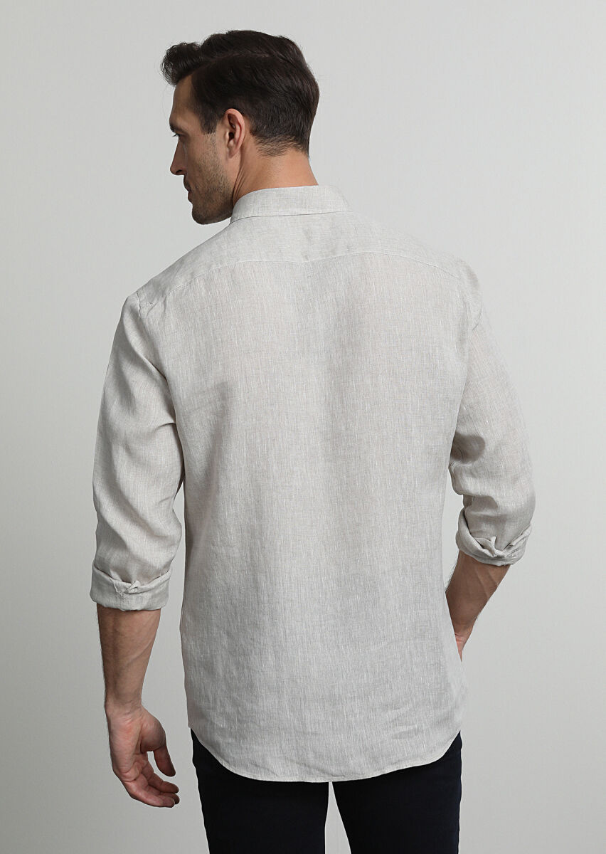 Bej Baskılı Slim Fit Uzun Dokuma Casual %100 Keten Gömlek - 3