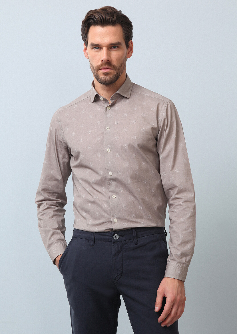 Bej Baskılı Slim Fit Uzun Dokuma Casual %100 Pamuk Gömlek - 1