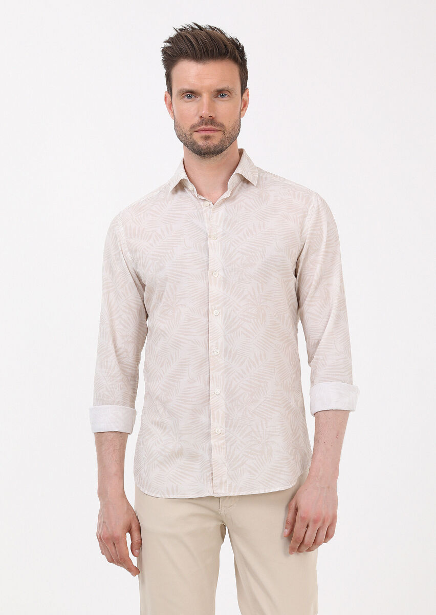 Bej Baskılı Slim Fit Uzun Dokuma Casual %100 Pamuk Gömlek - 1