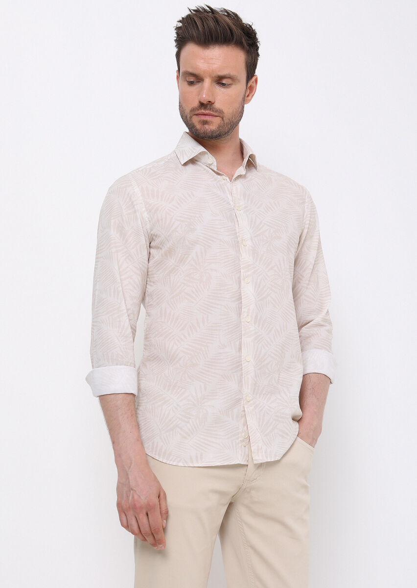 Bej Baskılı Slim Fit Uzun Dokuma Casual %100 Pamuk Gömlek - 3