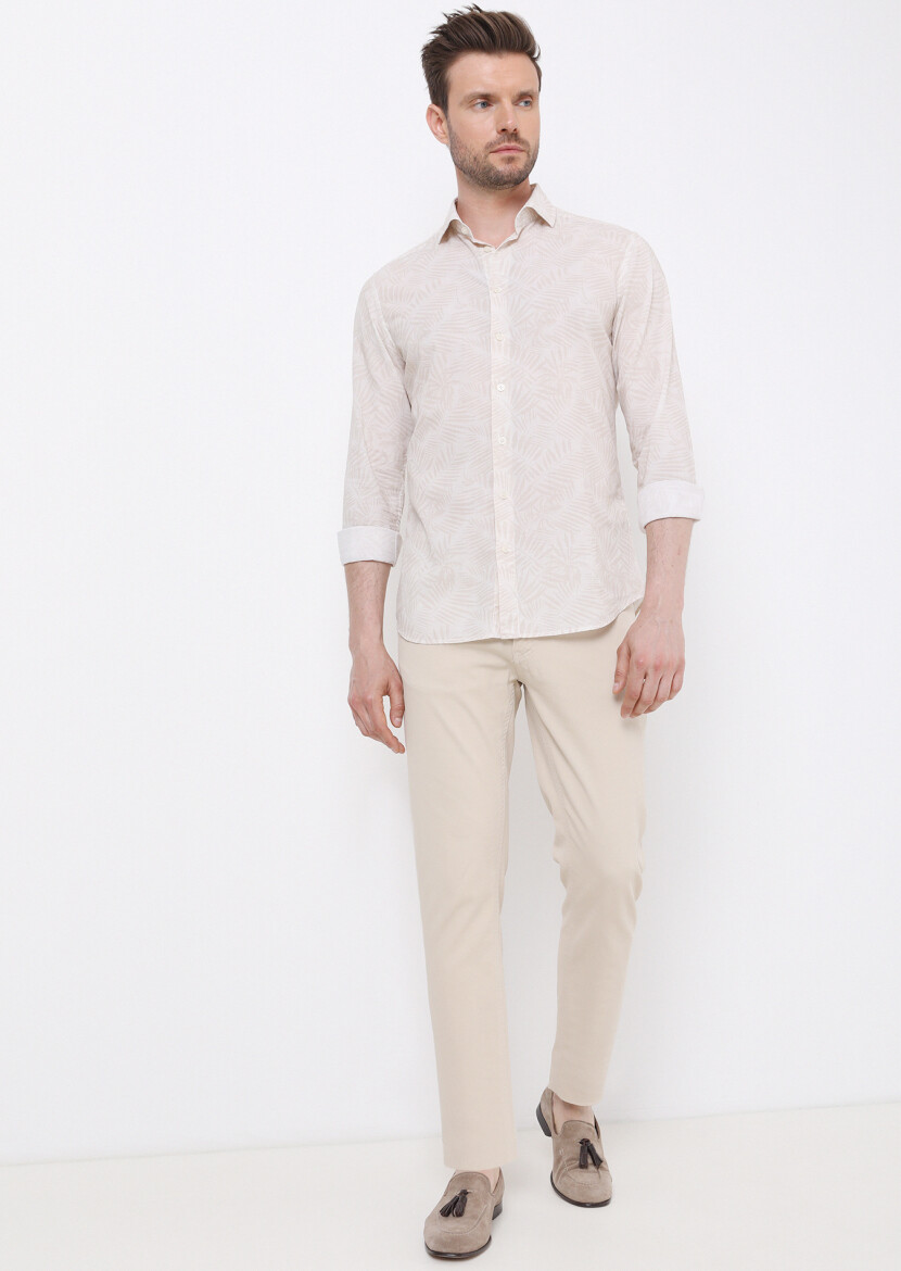 Bej Baskılı Slim Fit Uzun Dokuma Casual %100 Pamuk Gömlek - 4