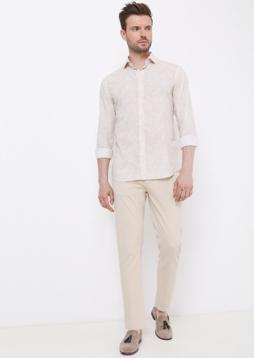 Bej Baskılı Slim Fit Uzun Dokuma Casual %100 Pamuk Gömlek - 4