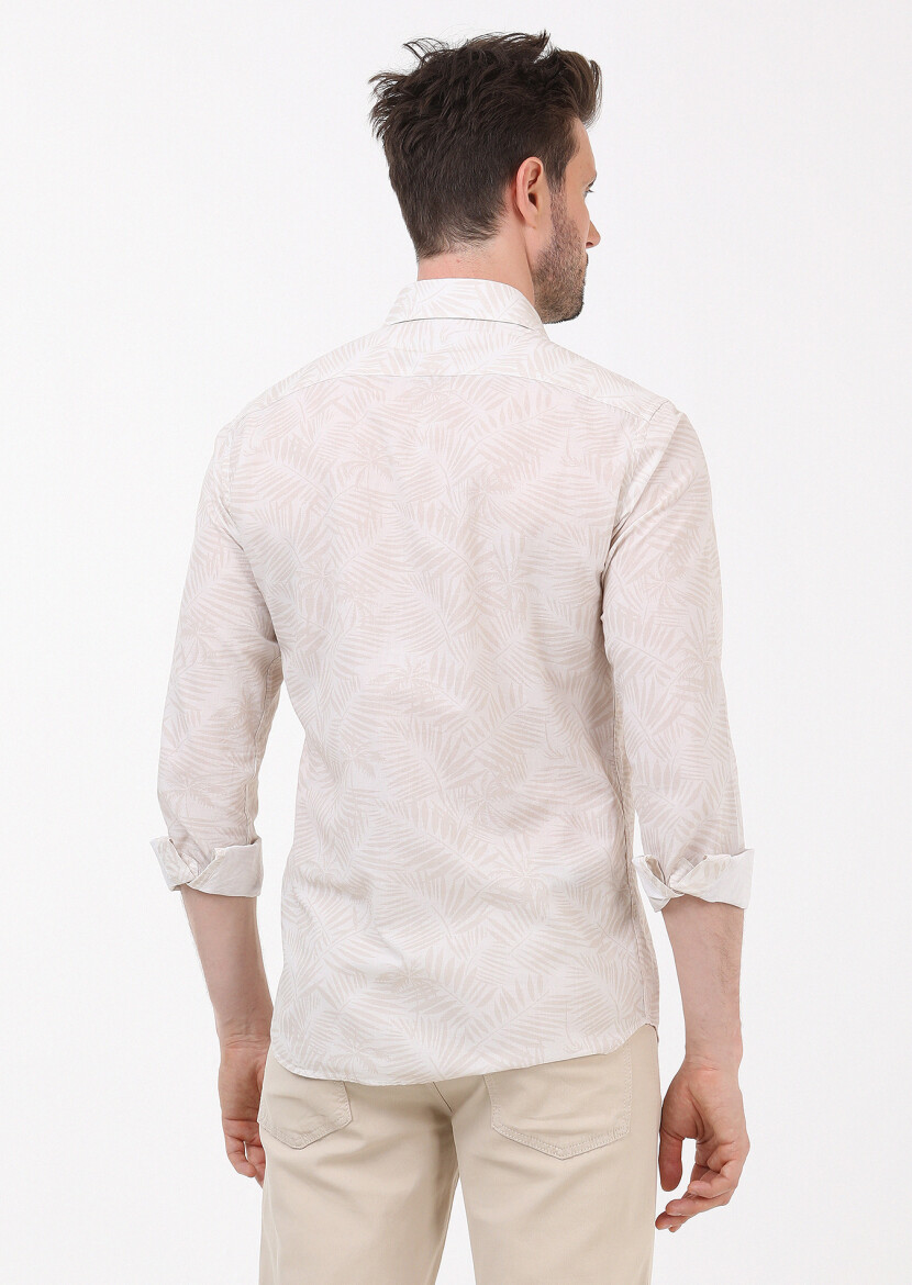 Bej Baskılı Slim Fit Uzun Dokuma Casual %100 Pamuk Gömlek - 5