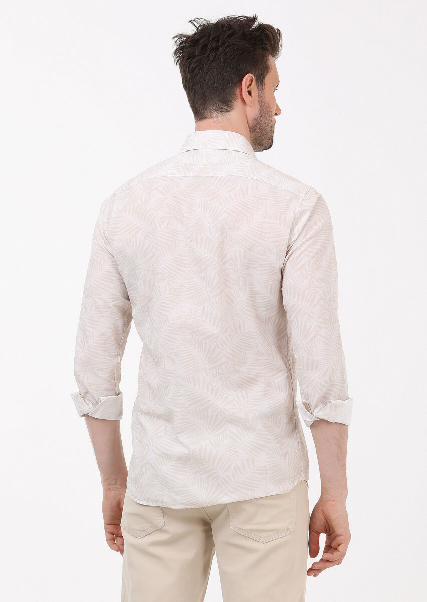 Bej Baskılı Slim Fit Uzun Dokuma Casual %100 Pamuk Gömlek - 5