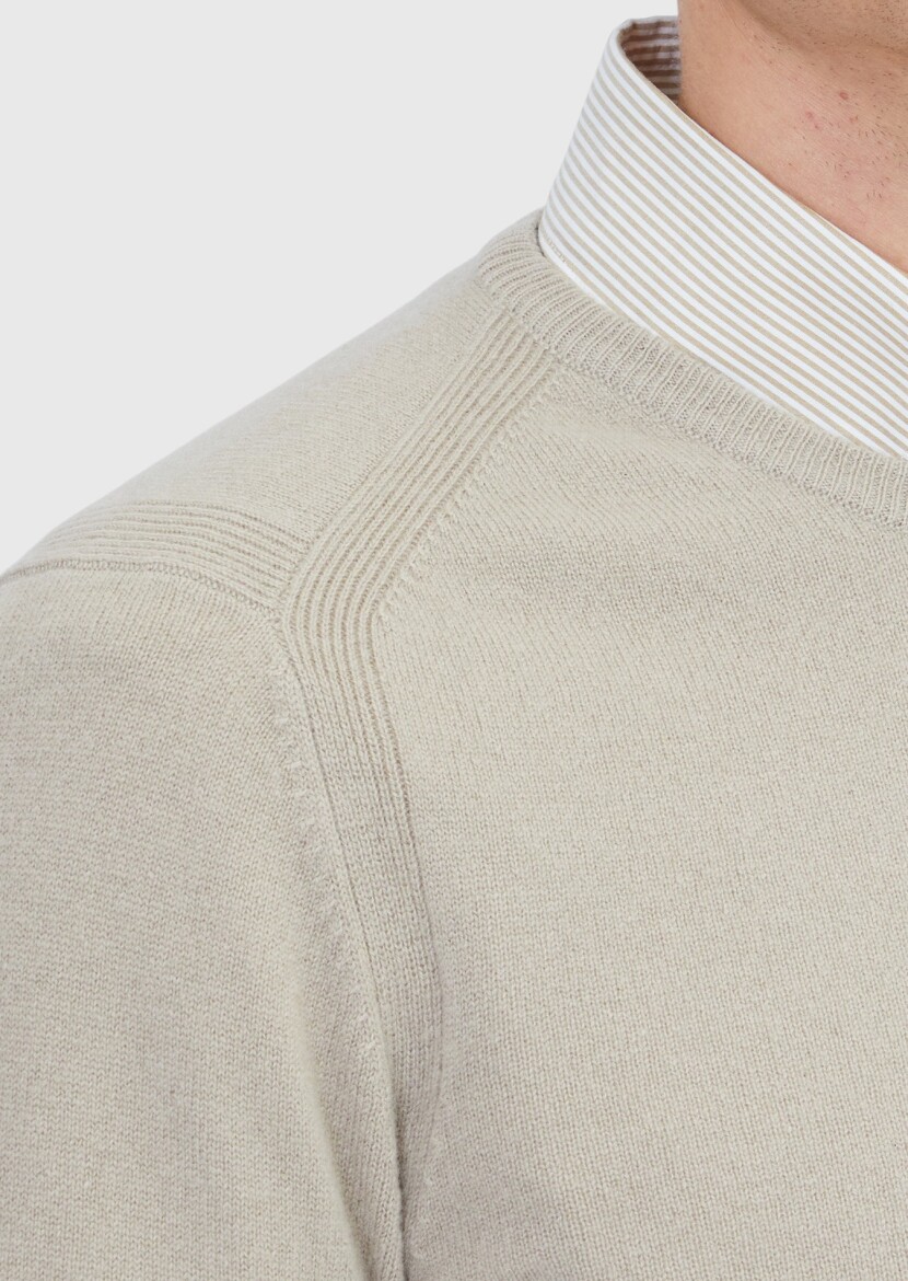 Bej Bisiklet Yaka Düz Örgü %100 Kaşmir Triko Kazak - 4