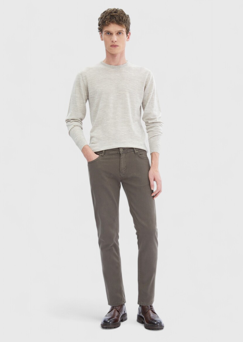 Bej Bisiklet Yaka Düz Örgü %100 Yün Triko Kazak 