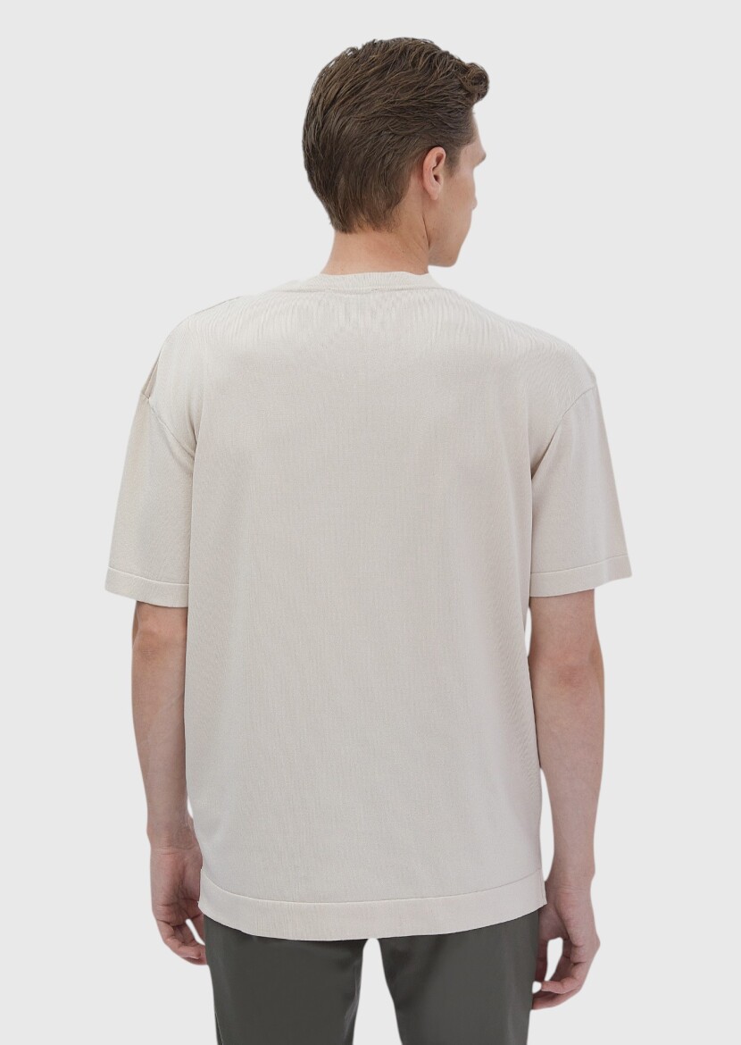 Bej Bisiklet Yaka Düz Örgü Triko - 4