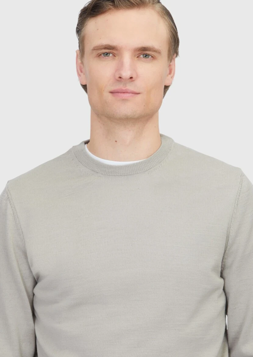 Bej Bisiklet Yaka Düz Örgü Yün Karışımlı Triko Kazak - 3