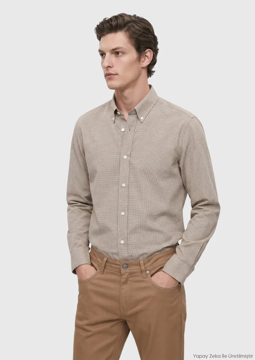Bej Casual Fit Uzun Dokuma Casual %100 Pamuk Gömlek 