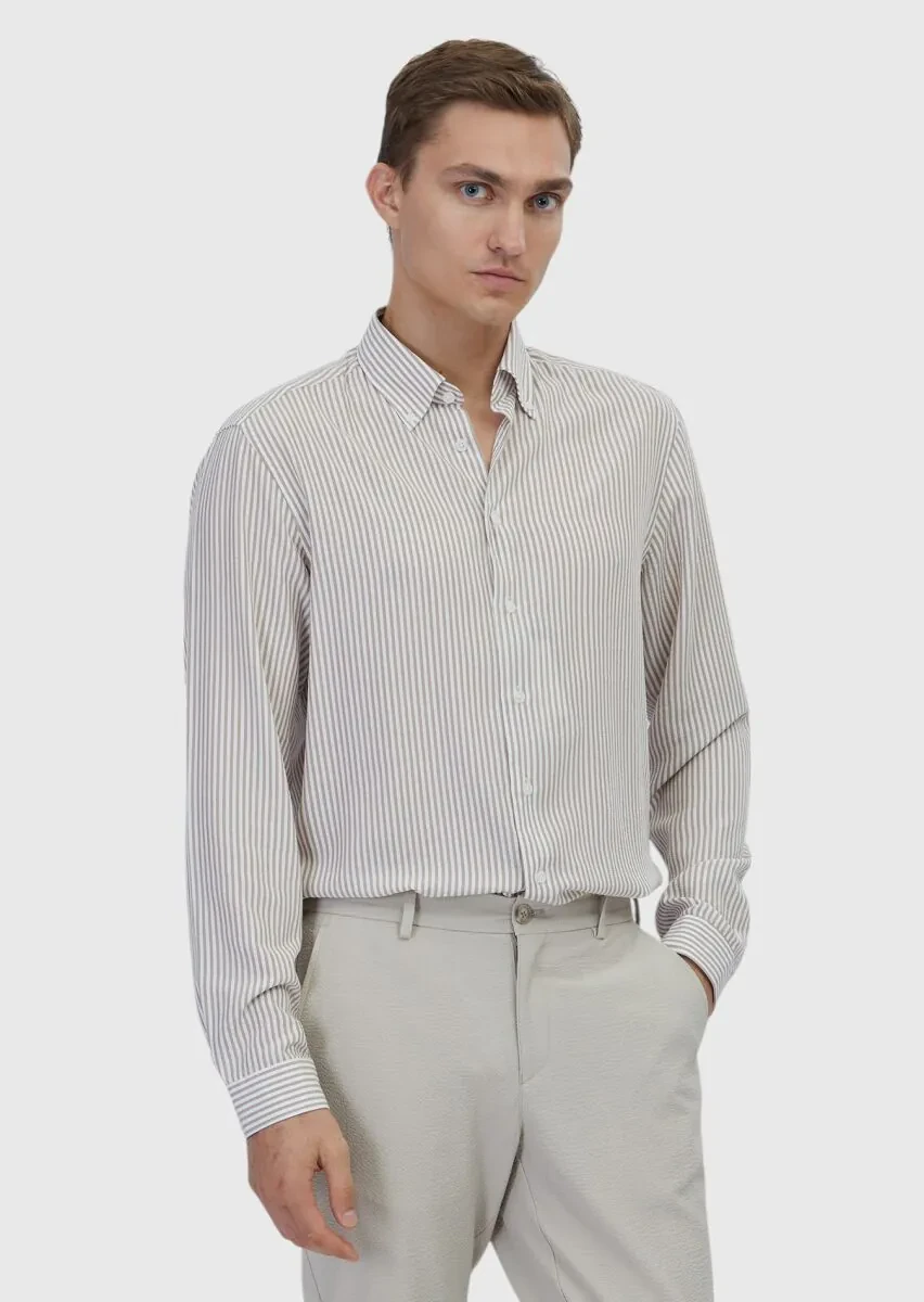 Bej Çizgili Casual Fit Dokuma Casual Gömlek - 1