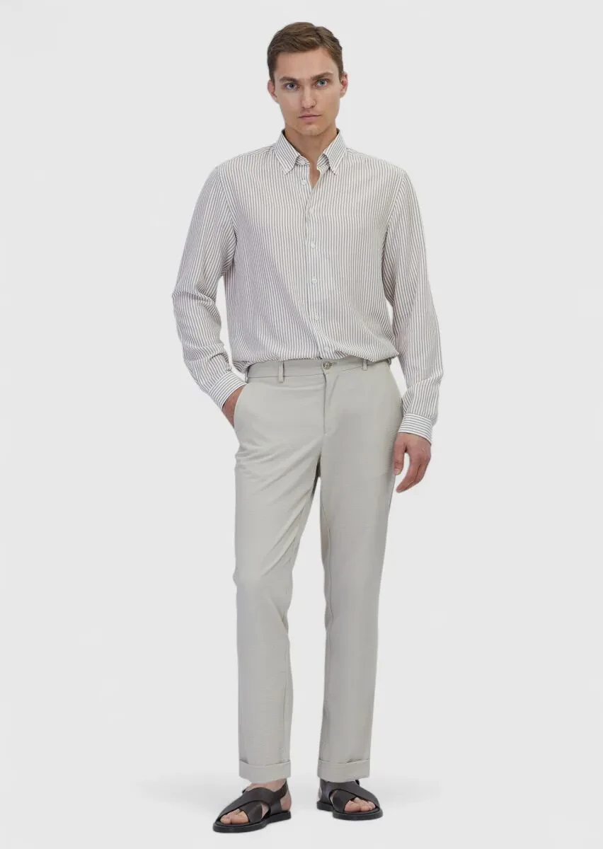 Bej Çizgili Casual Fit Dokuma Casual Gömlek - 2