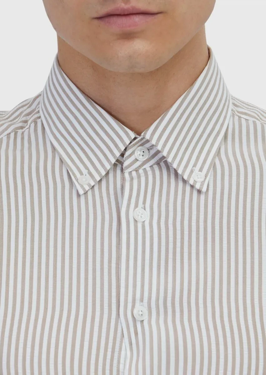 Bej Çizgili Casual Fit Dokuma Casual Gömlek - 4