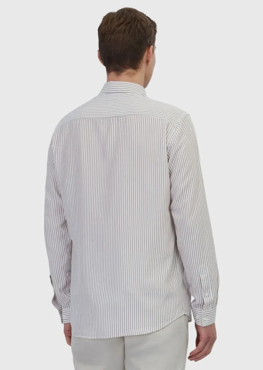 Bej Çizgili Casual Fit Dokuma Casual Gömlek - 5