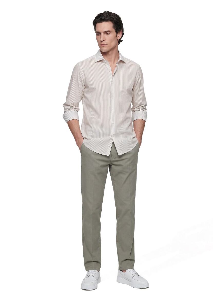 Bej Çizgili Casual Fit Dokuma Casual Pamuk Karışımlı Gömlek 