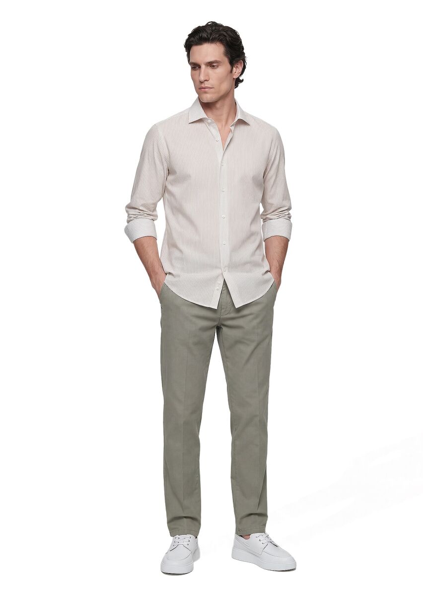 Bej Çizgili Casual Fit Dokuma Casual Pamuk Karışımlı Gömlek - 2