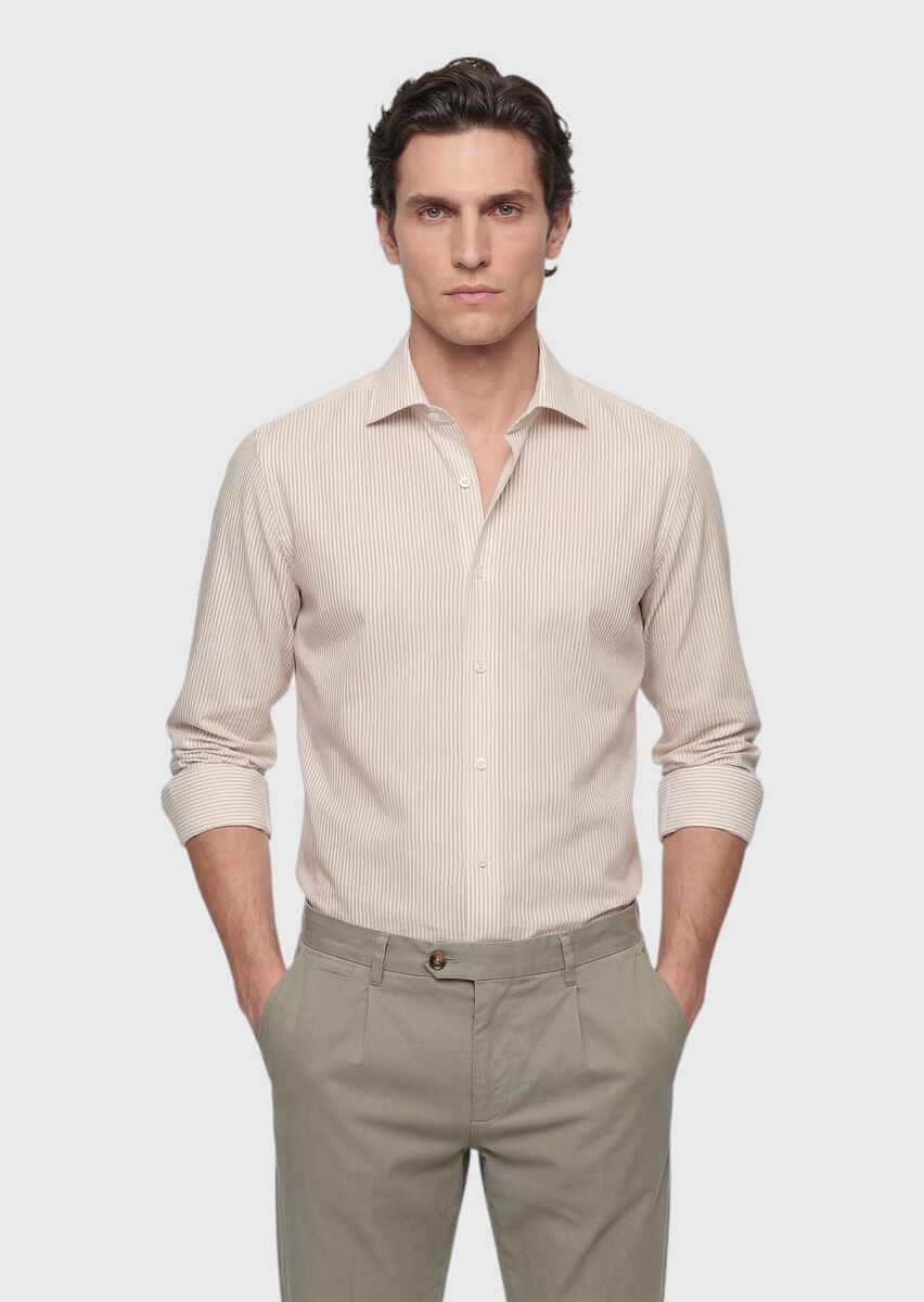 Bej Çizgili Casual Fit Uzun Dokuma Casual Pamuk Karışımlı Gömlek - 1