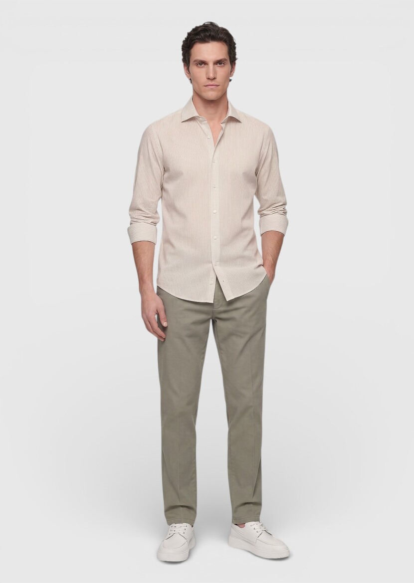 Bej Çizgili Casual Fit Uzun Dokuma Casual Pamuk Karışımlı Gömlek - 3