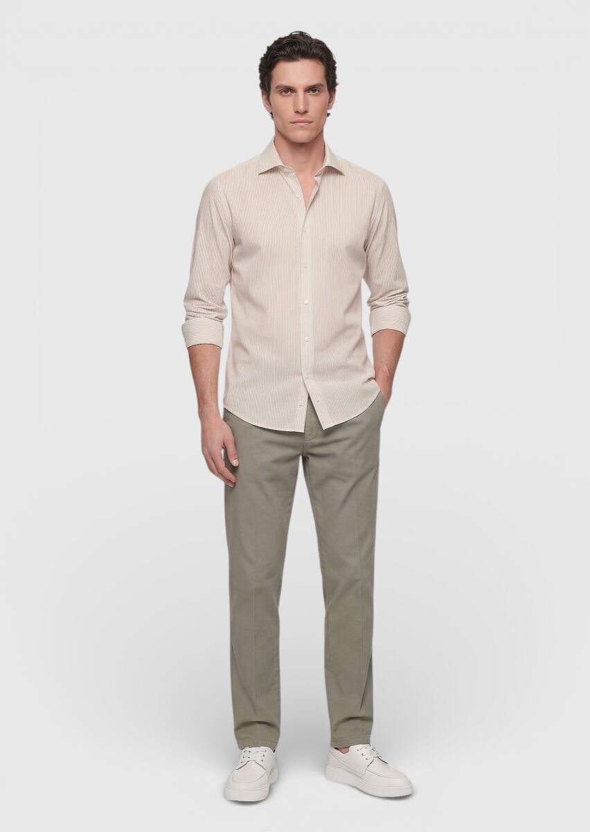 Bej Çizgili Casual Fit Uzun Dokuma Casual Pamuk Karışımlı Gömlek - 3