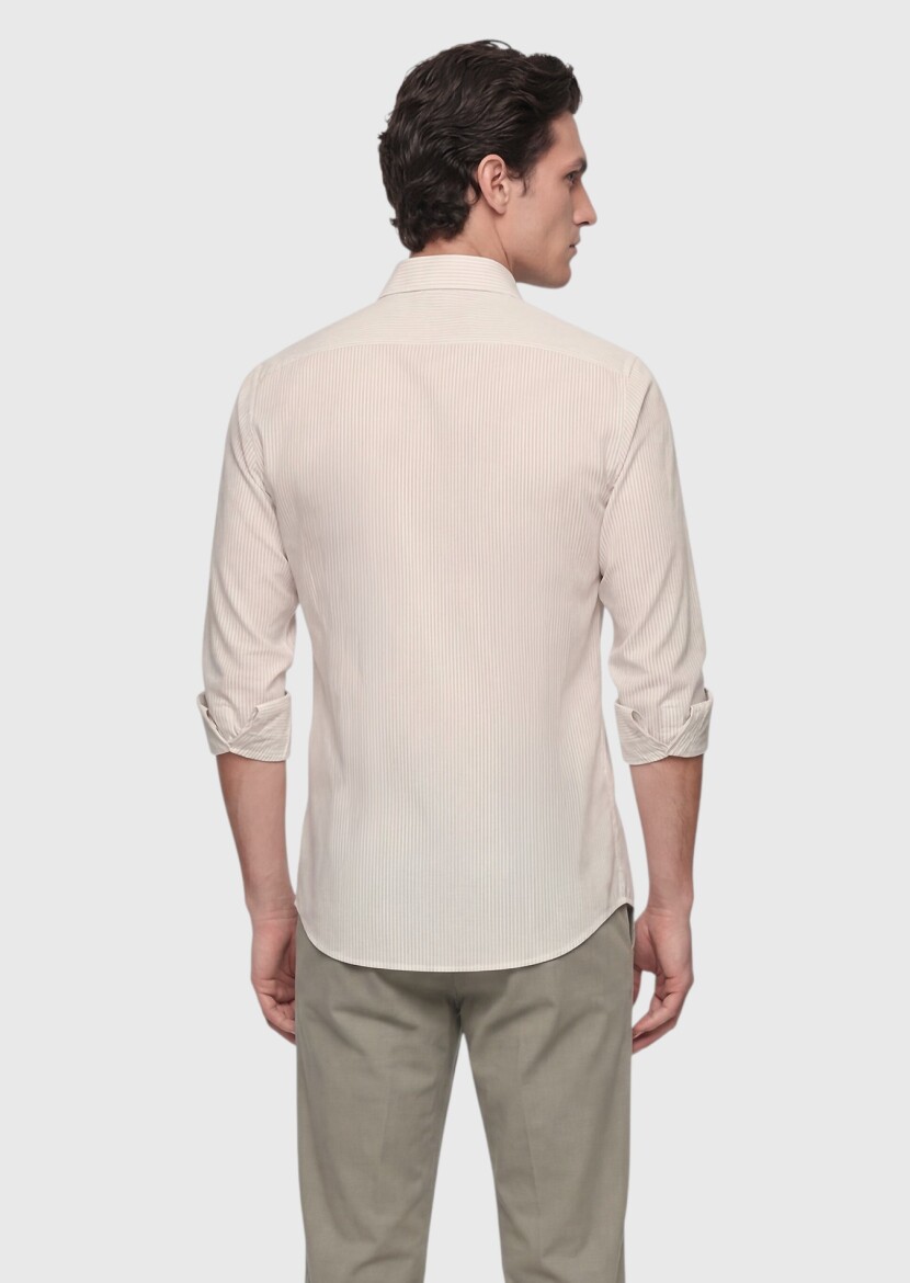 Bej Çizgili Casual Fit Uzun Dokuma Casual Pamuk Karışımlı Gömlek - 4