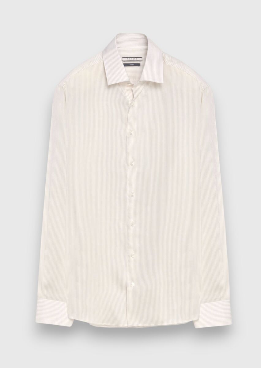 Bej Çizgili Casual Fit Uzun Dokuma Casual Pamuk Karışımlı Gömlek - 5