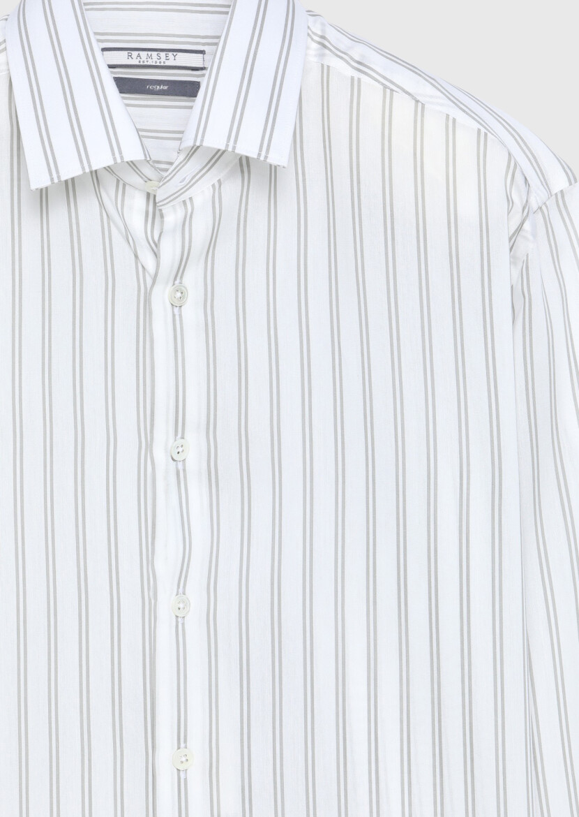 Bej Çizgili Casual Fit Uzun Dokuma Casual Pamuk Karışımlı Gömlek - 7