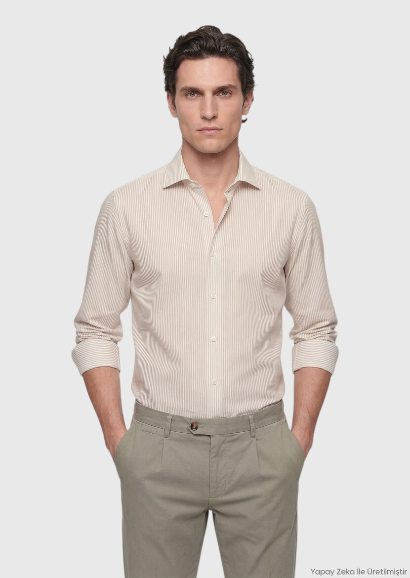 Bej Çizgili Casual Fit Uzun Dokuma Casual Pamuk Karışımlı Gömlek 