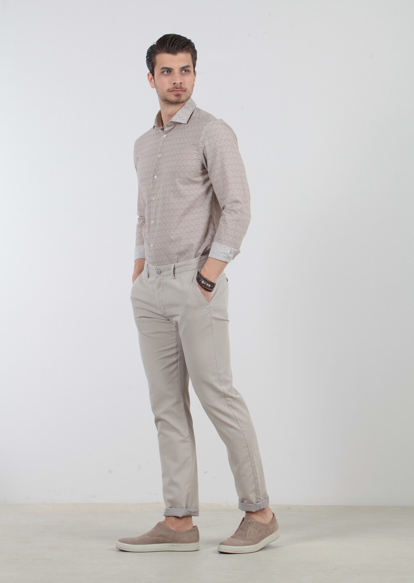 Bej Çizgili Dokuma Regular Fit Casual %100 Pamuk Pantolon 