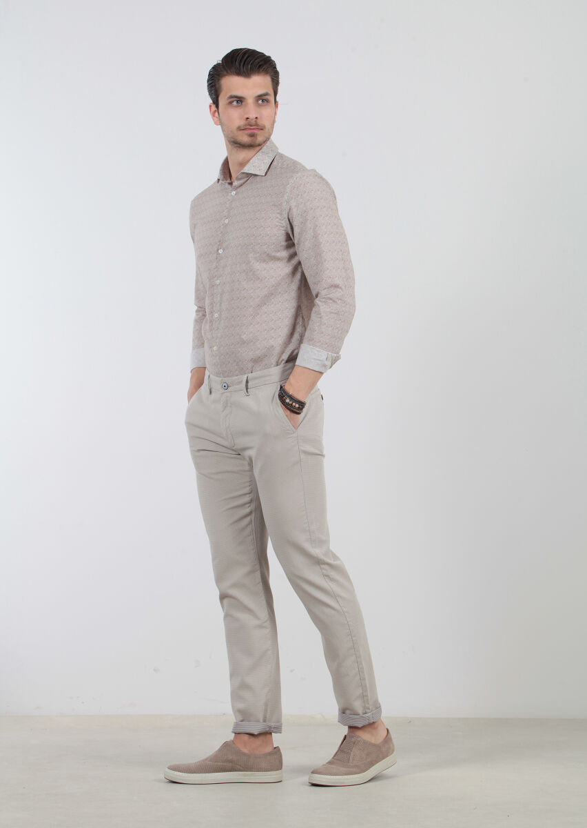 Bej Çizgili Dokuma Regular Fit Casual %100 Pamuk Pantolon - 2