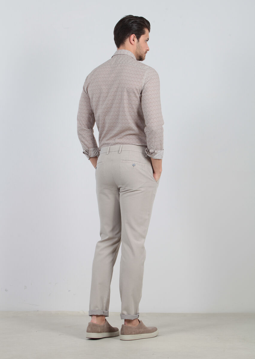 Bej Çizgili Dokuma Regular Fit Casual %100 Pamuk Pantolon - 4