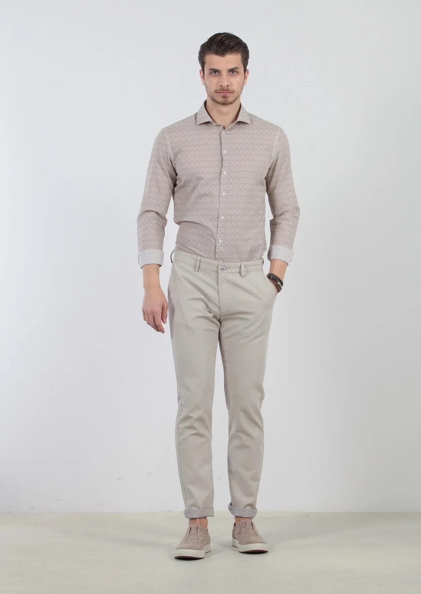 Bej Çizgili Dokuma Regular Fit Casual %100 Pamuk Pantolon 