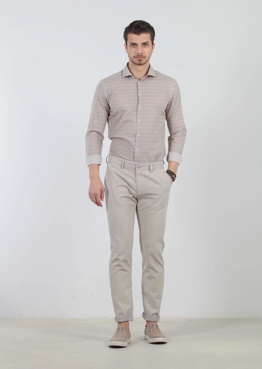 Bej Çizgili Dokuma Regular Fit Casual %100 Pamuk Pantolon - 1